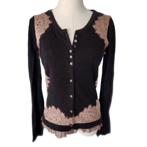 Anthropologie Knitted and Knotted black and lace Cardigan sweater - Size Small - Picture 1 of 8